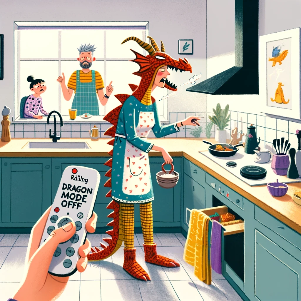 Illustration d'une femme avec un costume en dragon devant sa famille